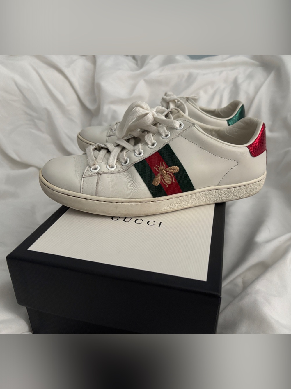 Gucci ACE White Leather Sneakers with Red & Green Web and Bee Embroidery